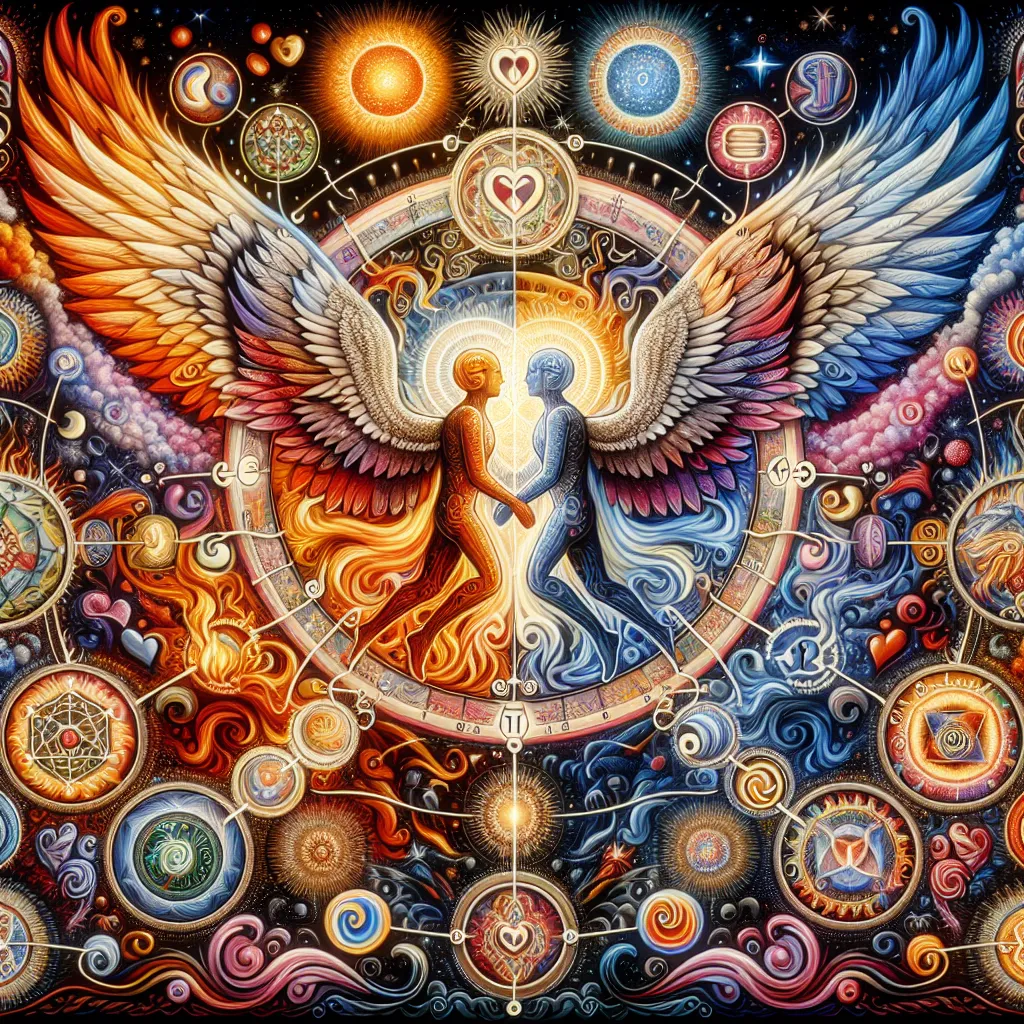 Imagen de un diagrama espiritual con símbolos y colores vibrantes representando el número de ángel 248 y su significado en las relaciones de llamas gemelas.