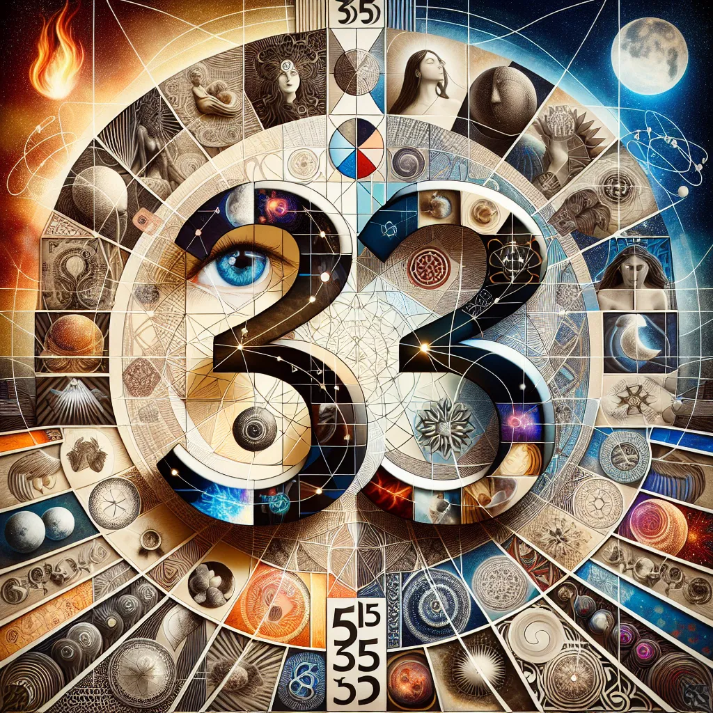 Una imagen con un collage creativo que representa la dualidad y conexión en las relaciones de llama gemela, enfocada en el simbólico número 35.