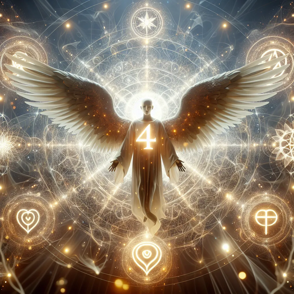 'Imagen de la representación del número angelical 444 rodeado de luz brillante y símbolos espirituales que representan amor y unión espiritual.'