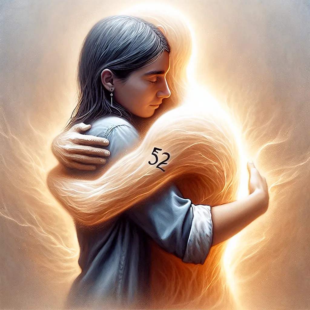 'Imagen representativa de pareja abrazada con el número 52 flotando entre ellos, simbolizando la conexión especial con tu llama gemela'.