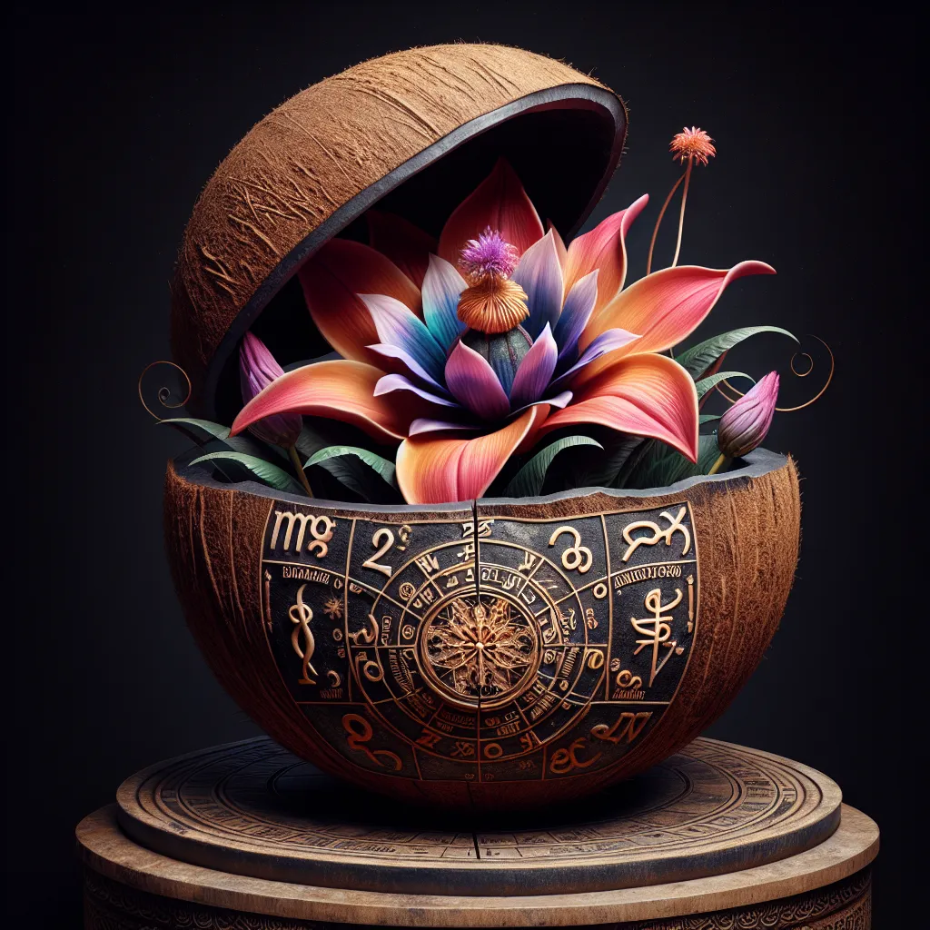 Imagen de una flor exótica en el interior de un coco, ilustrando la astrología de la Flor Dentro del Coco con los secretos revelados.