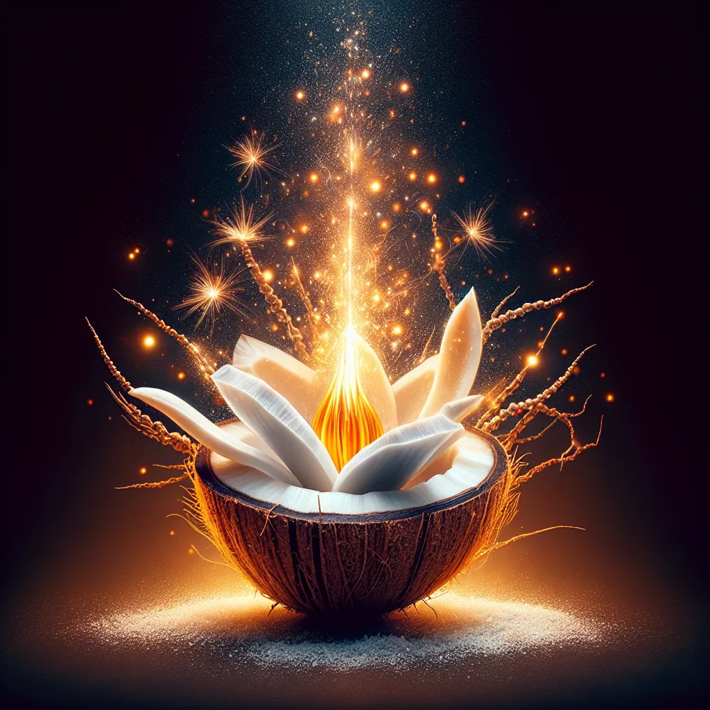 Imagen de una flor de coco en un fondo oscuro con destellos brillantes, simbolizando misterio y revelación de secretos en la astrología de la flor dentro del coco.