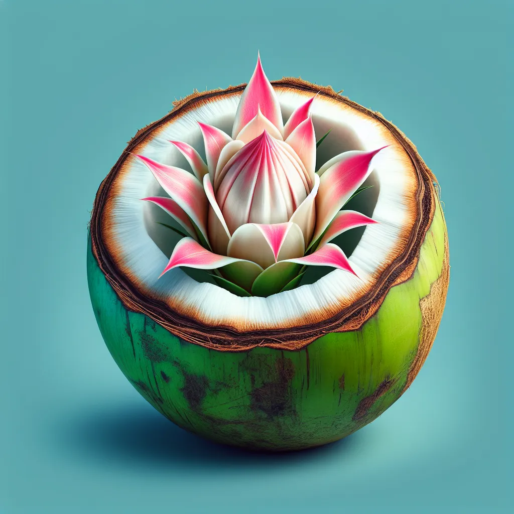 Imagen de una flor exótica de color blanco y rosa creciendo dentro de un coco verde, representación visual de los secretos revelados de la Astrología de la Flor Dentro del Coco.