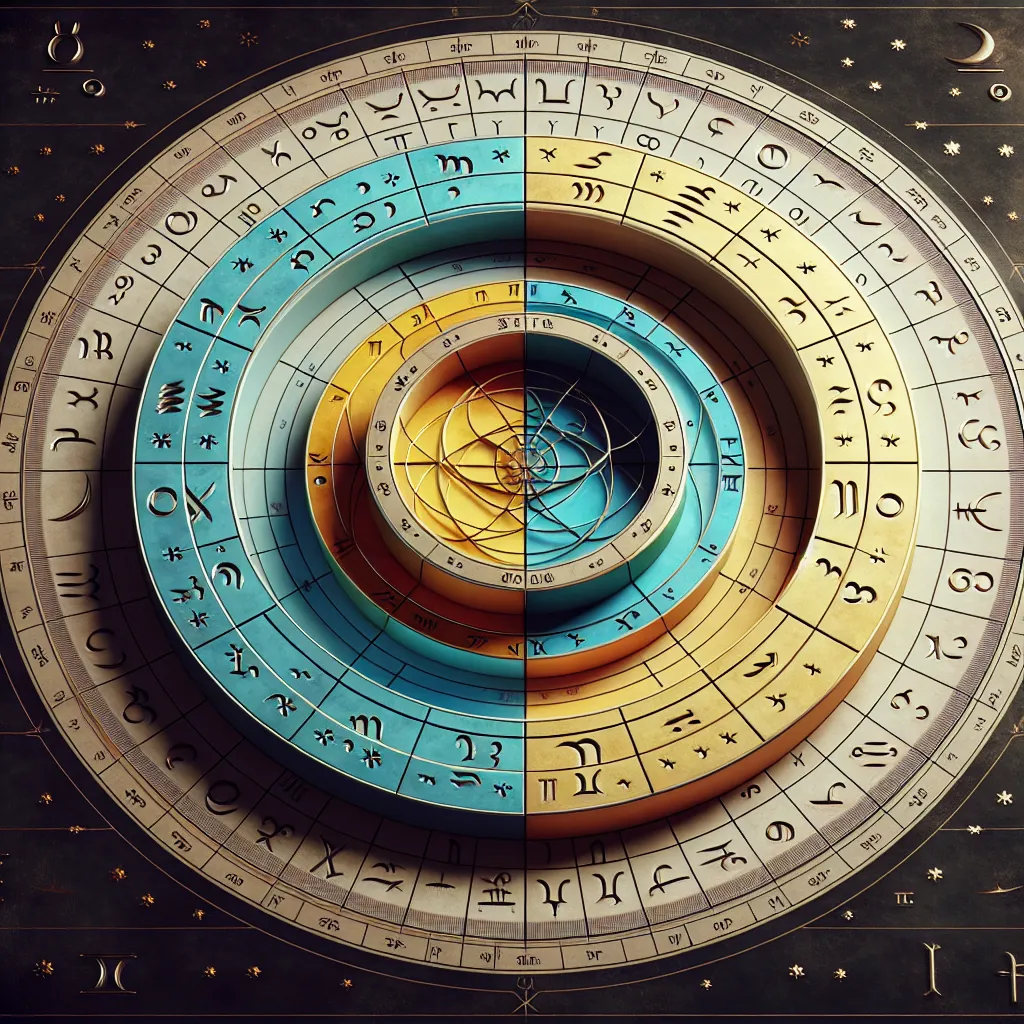 Representación gráfica de los decanatos en astrología, mostrando los 3 decanatos de cada signo zodiacal en un círculo con símbolos astrológicos.
