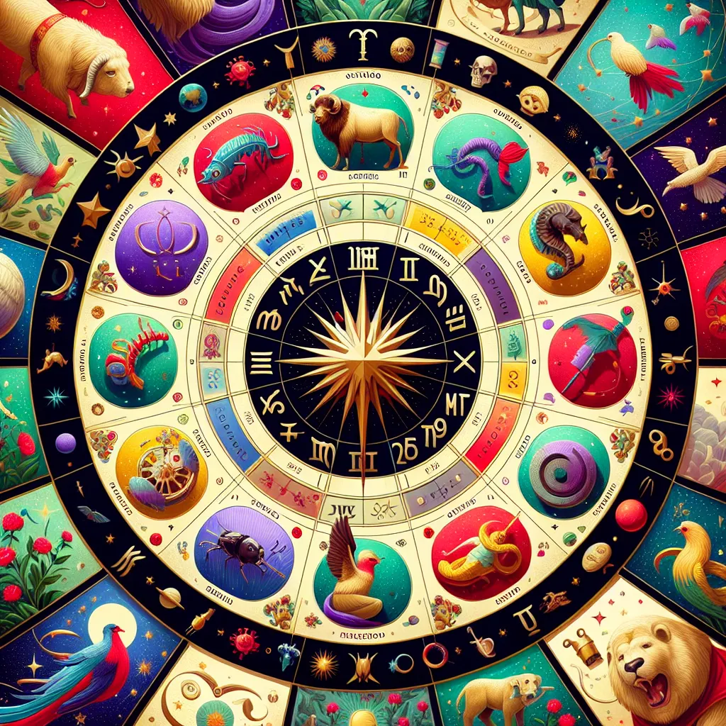 Ilustración de signos del zodiaco con etiquetas de número de hijos para cada signo.