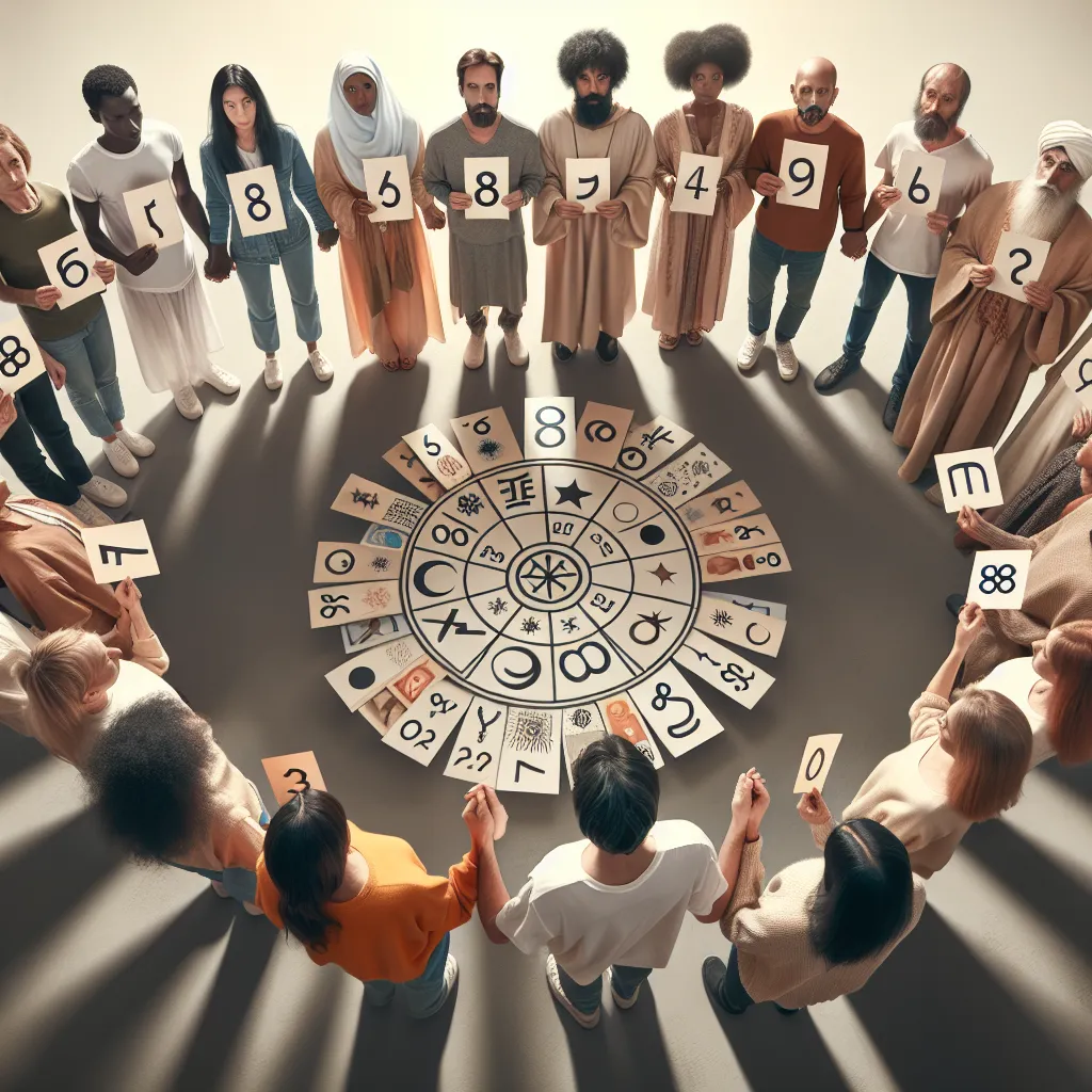 Personas unidas en círculo sosteniendo números y símbolos de numerología, ilustrando el poder de esta práctica para encontrar equilibrio y armonía en la vida.
