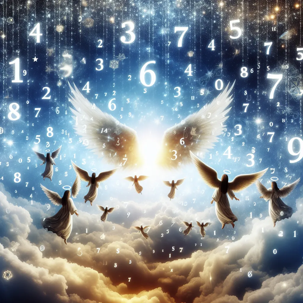 Imagen de un fondo celestial con números y ángeles brillantes, representando el fenómeno Little Miss Angel Numbers.