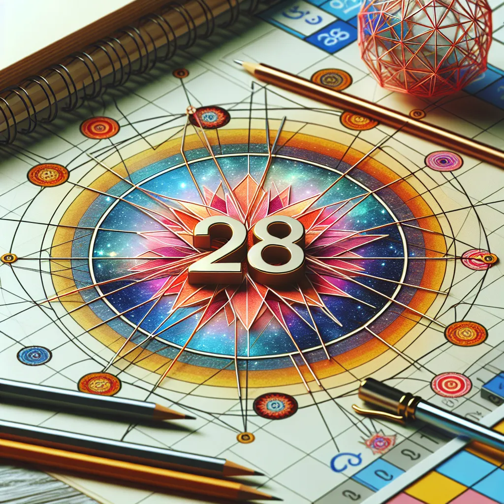 Imagen ilustrativa de un diagrama de numerología con el número 28 resaltado en colores vibrantes