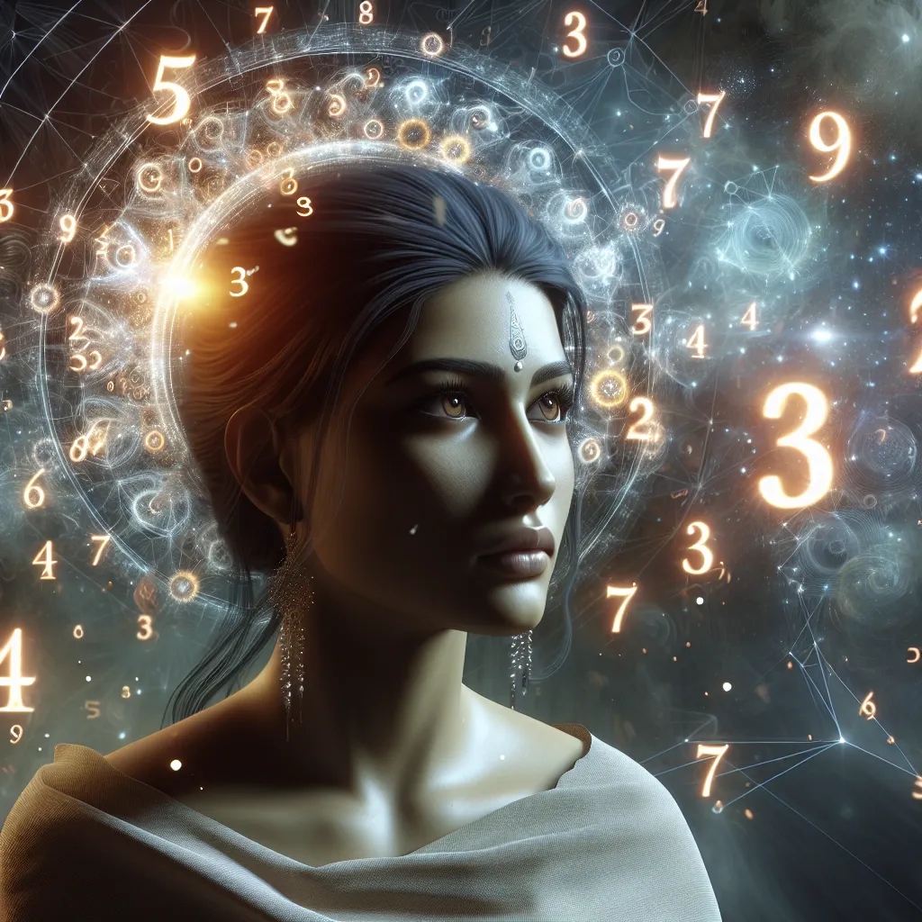 Una imagen de una persona con expresión de asombro mirando varios números de ángel brillantes y enigmáticos que flotan a su alrededor.