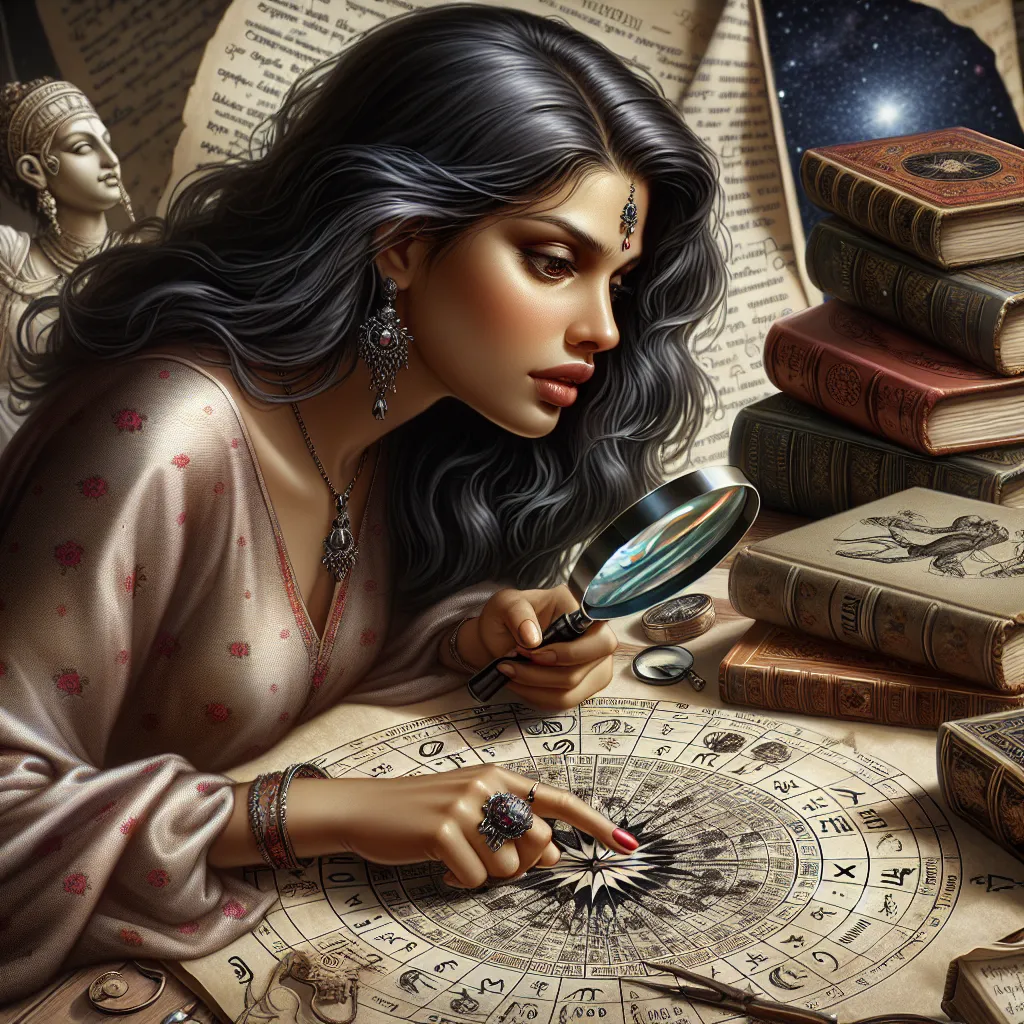 Imagen de Tina Chaudry explorando el arte de la astrología en su artículo web.