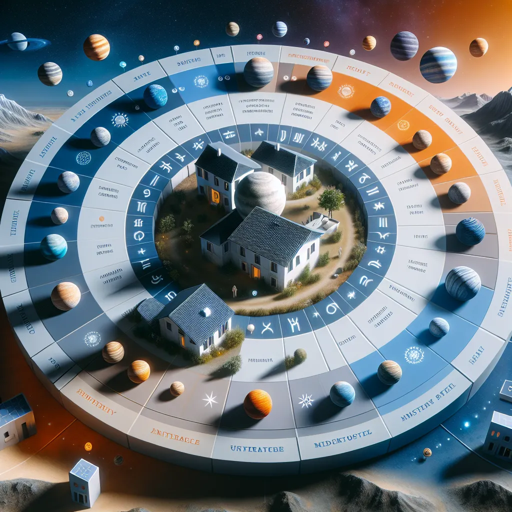 Representación gráfica de las casas astrológicas para comprender la influencia de los planetas en diferentes áreas de la vida.