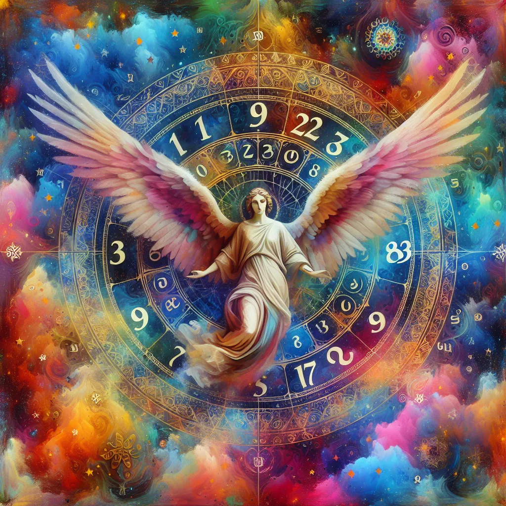 Patrón de números angelicales en un fondo vibrante y colorido.