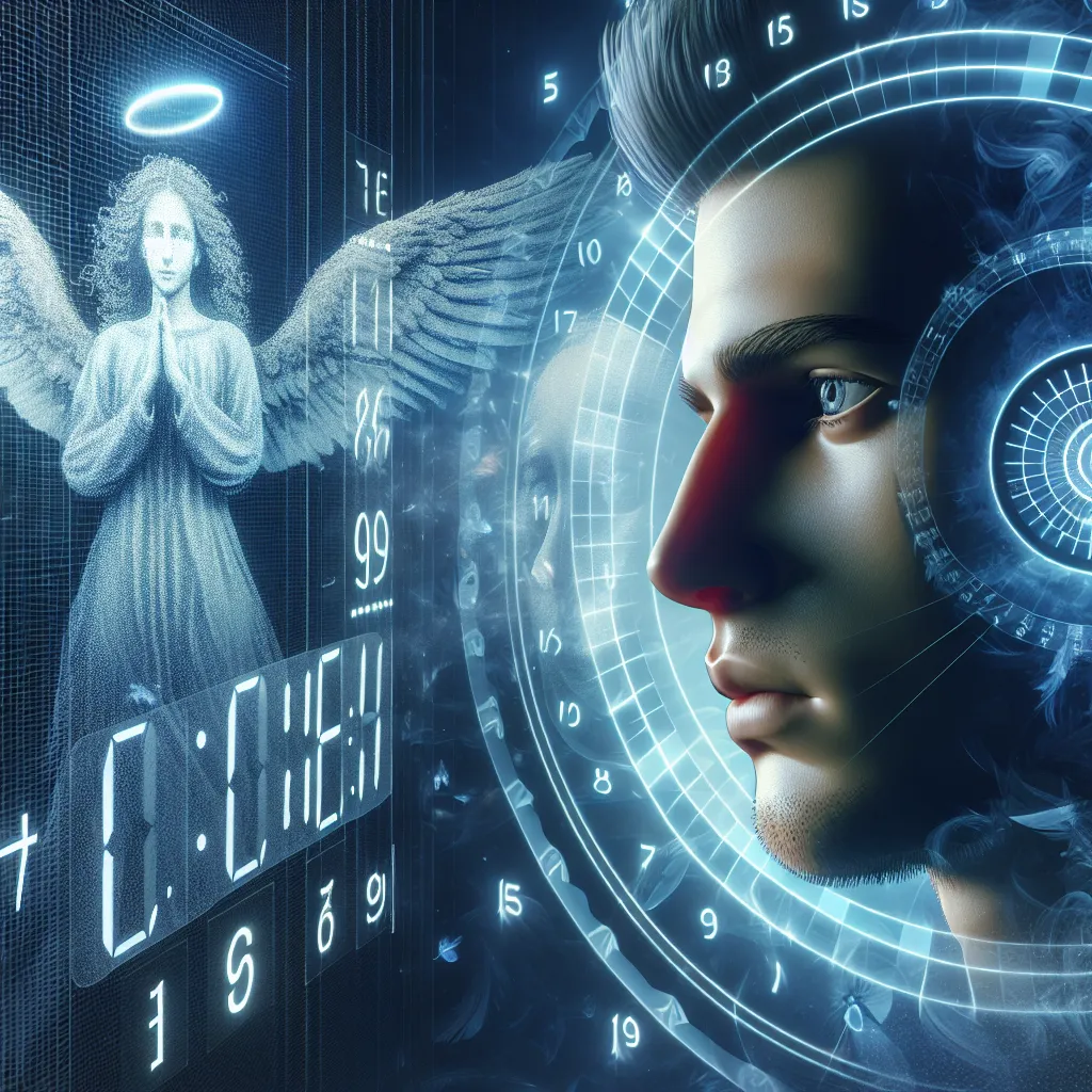 'Ilustración de una persona viendo números específicos en un reloj digital, con símbolos de ángeles alrededor, representando la frecuencia con la que aparecen en su vida'.