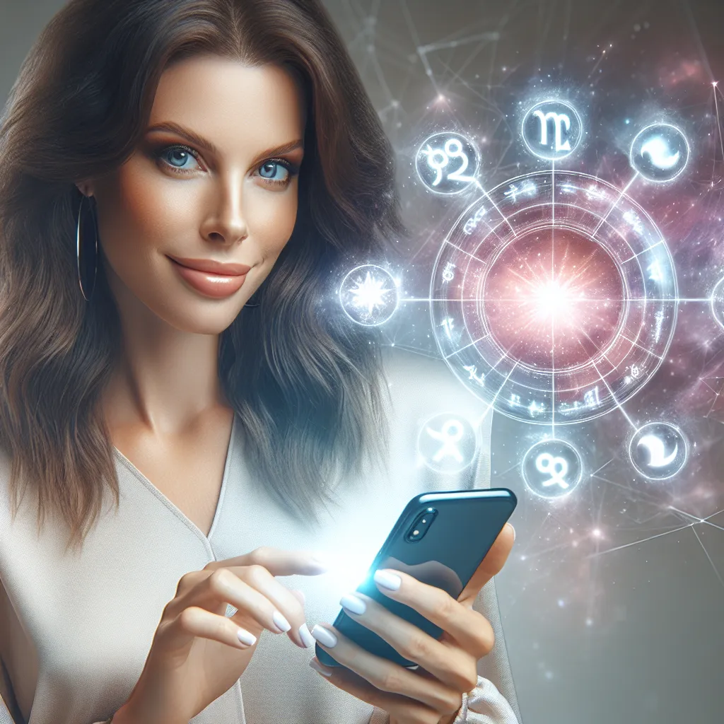 Una mujer revisa su horóscopo en su teléfono móvil mientras sonríe, representando la confianza y el interés en la astrología para la toma de decisiones.