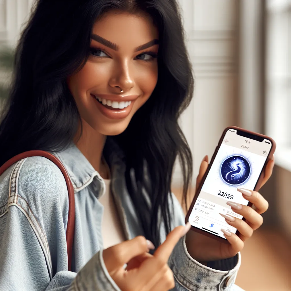 Una mujer sonriendo mientras consulta su horóscopo en su teléfono móvil.